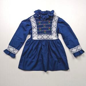 Vintage Polly Flinders Dress Girls Size 2-3T Blue Smocked Mock Neck Christmas